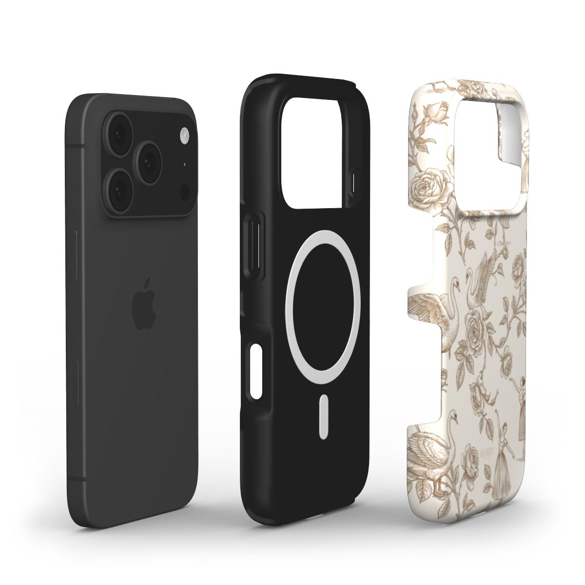 Trendy feminine phone cases featuring a black magnetic design and a flerfarvet, hvid, guld, brun, beige floral pattern for a stylish and beautiful look.