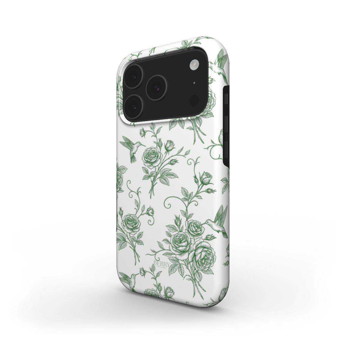 Trendy feminine phone case with a multicolored white and green floral and hummingbird pattern, creating a beautiful and popular aesthetic vibe.