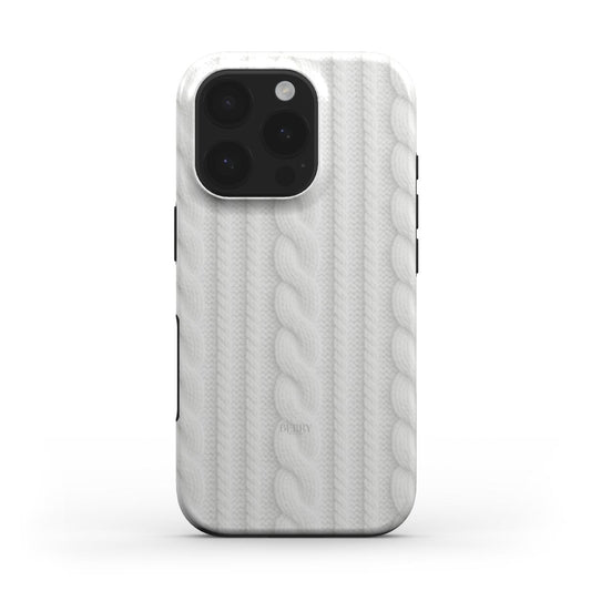 Trendy phone case with a soft, textured pattern in white and gray, featuring a classy, feminine cable knit design for a stylish and elegant look.