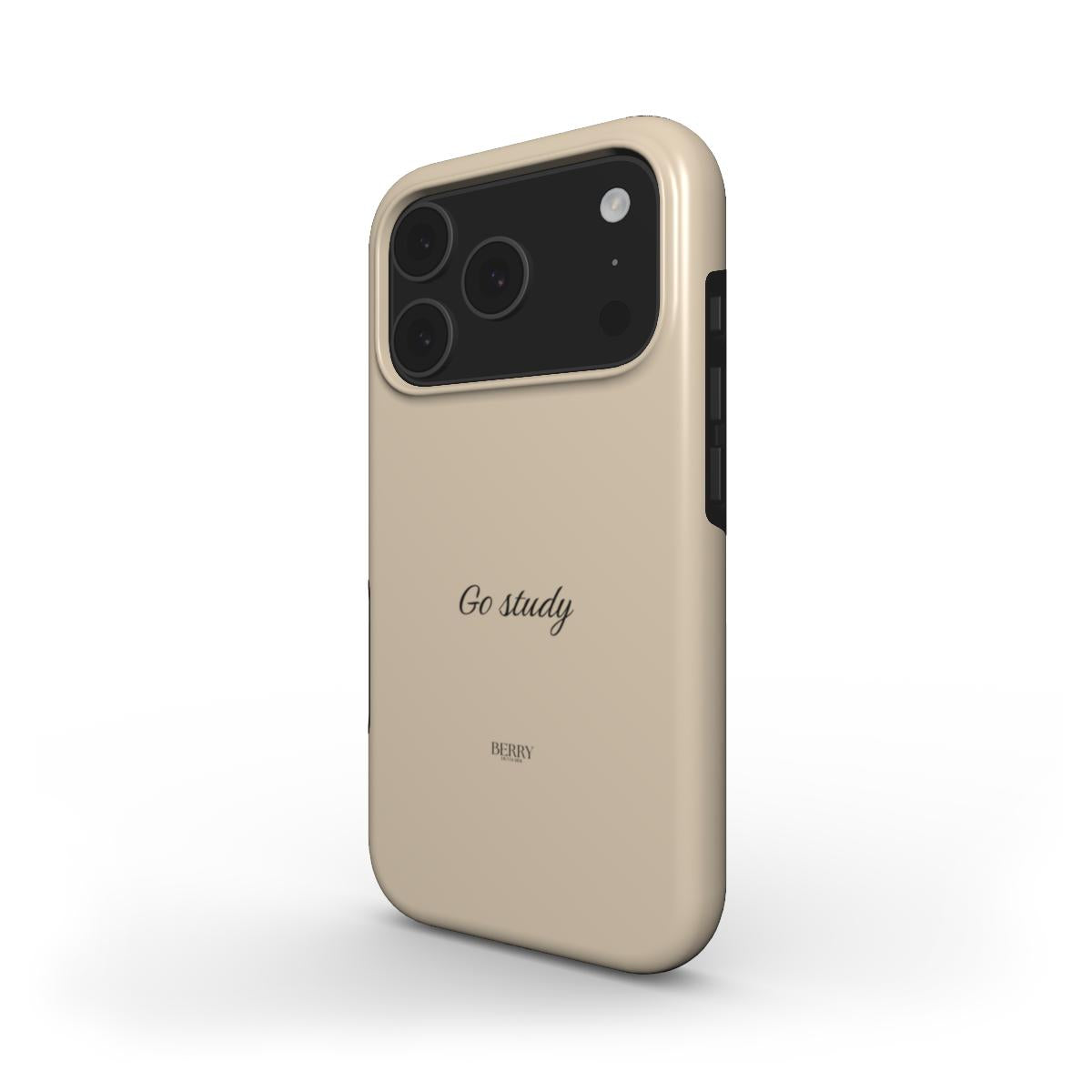 Beige phone case with a trendy feminine design featuring "Go study" text, perfect for a stylish and popular aesthetic.