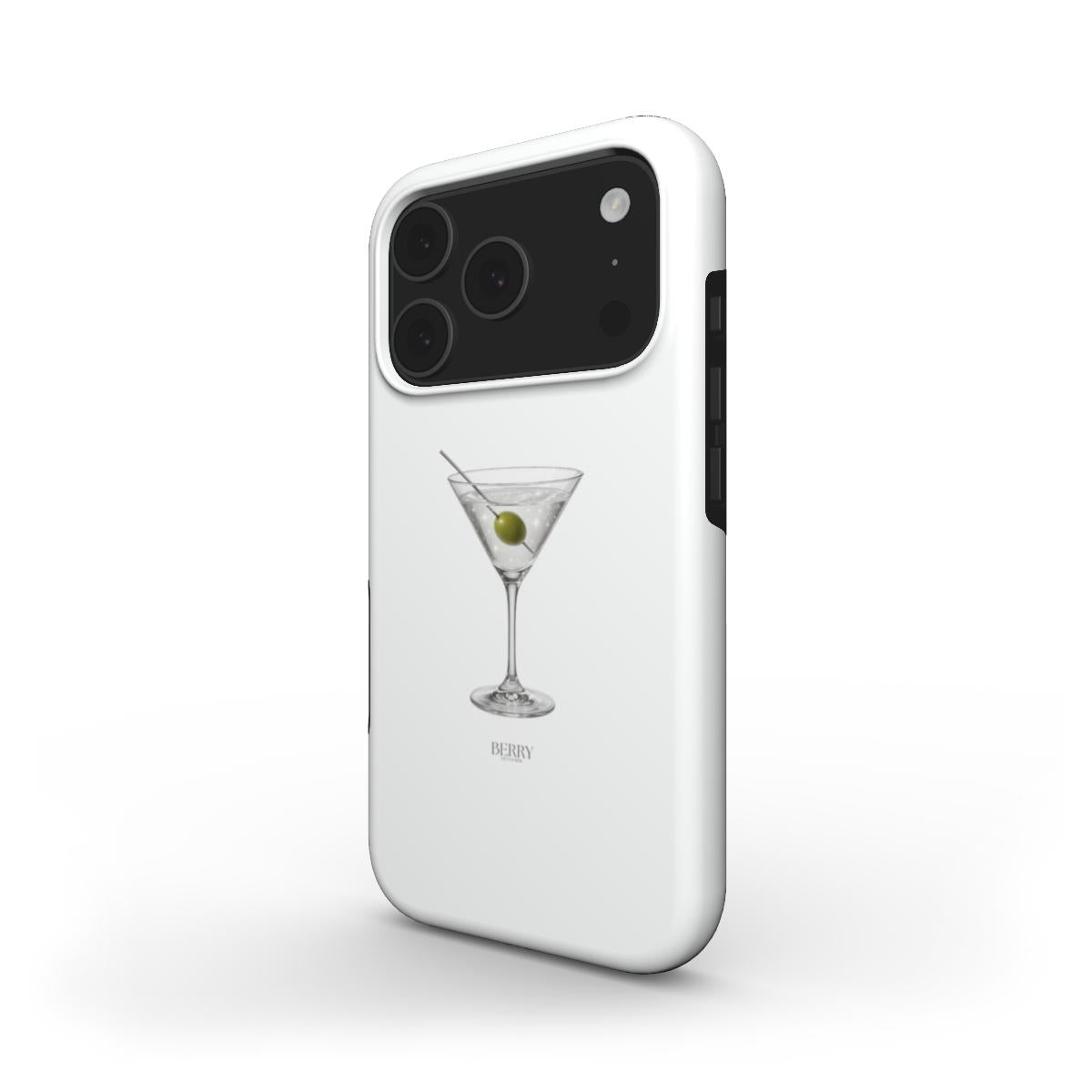 Trendy white phone case with a stylish martini glass design featuring silver and multicolored accents for a feminine, popular look.