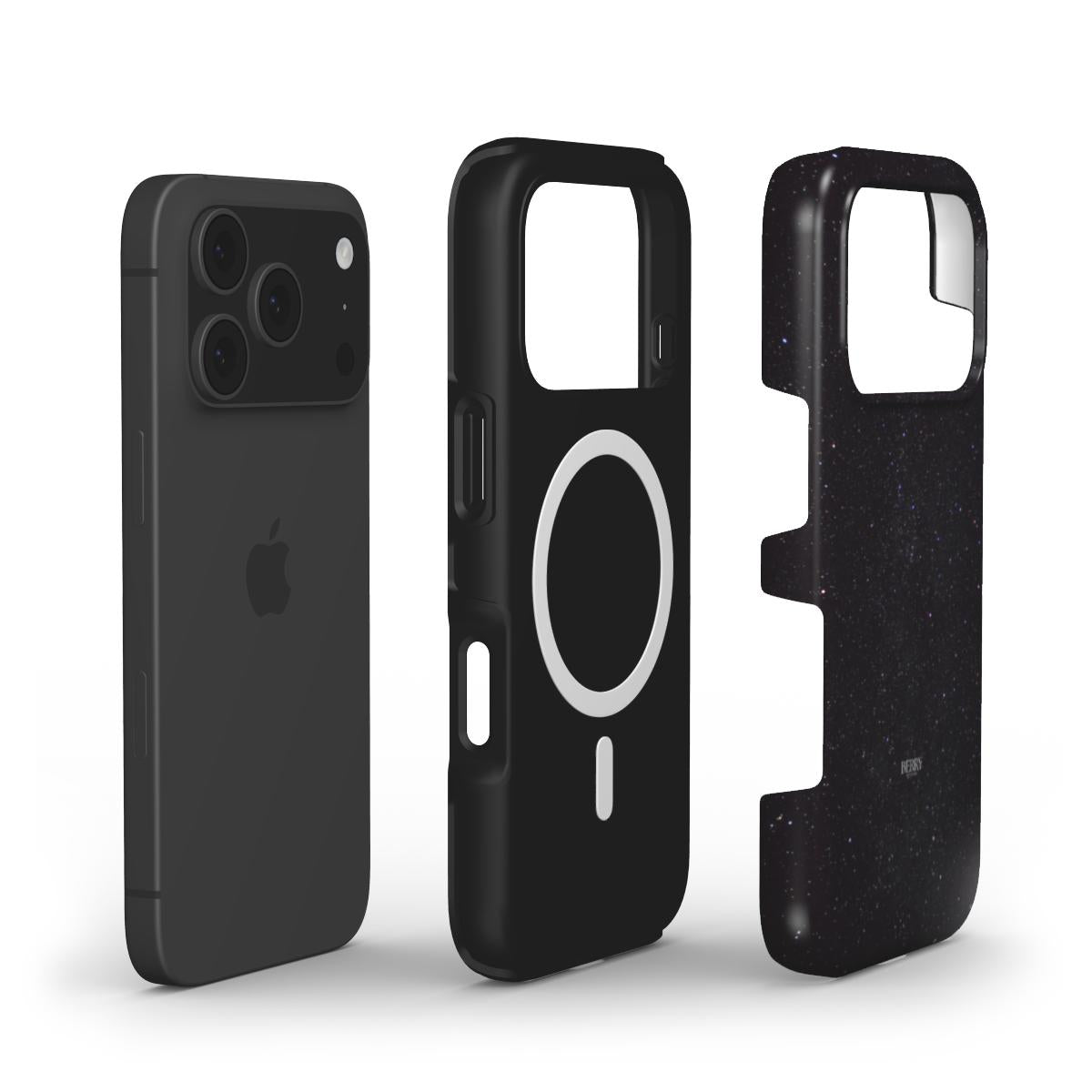 Black phone case with magnetic ring and separate dark starry pattern cover, designed for a sleek and trendy protective look.