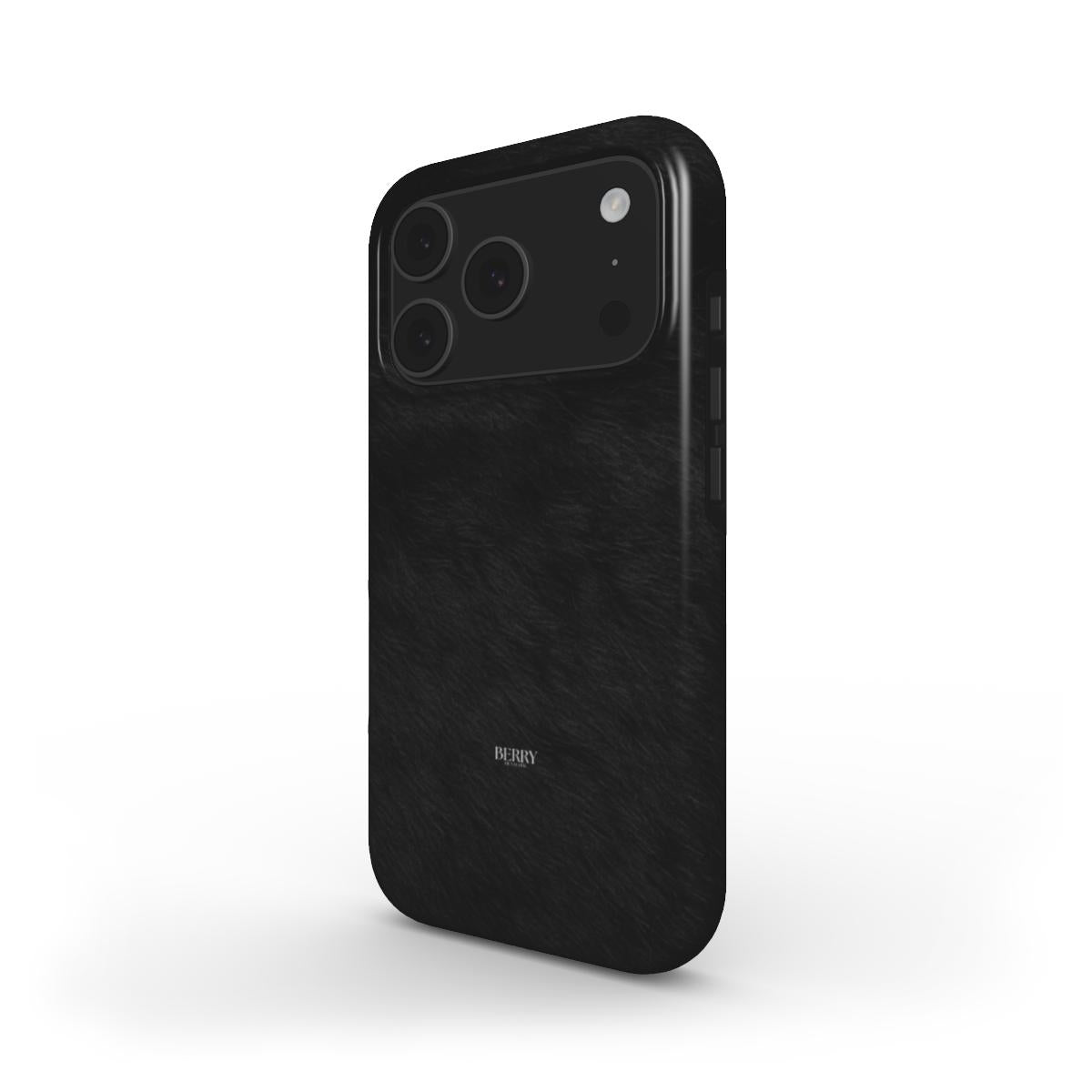 Sleek and trendy black fur textured phone case with a minimalist design, blending feminine elegance with popular aesthetic appeal.