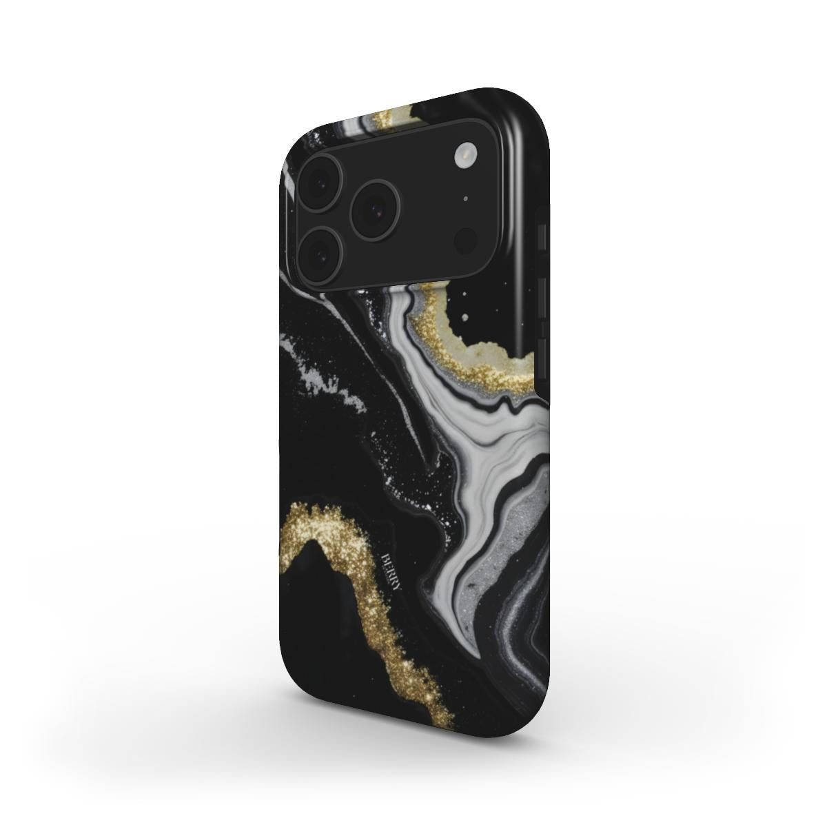 Trendy phone case with a sleek black base accented by swirling gold and multicolored patterns, offering a chic and feminine look.