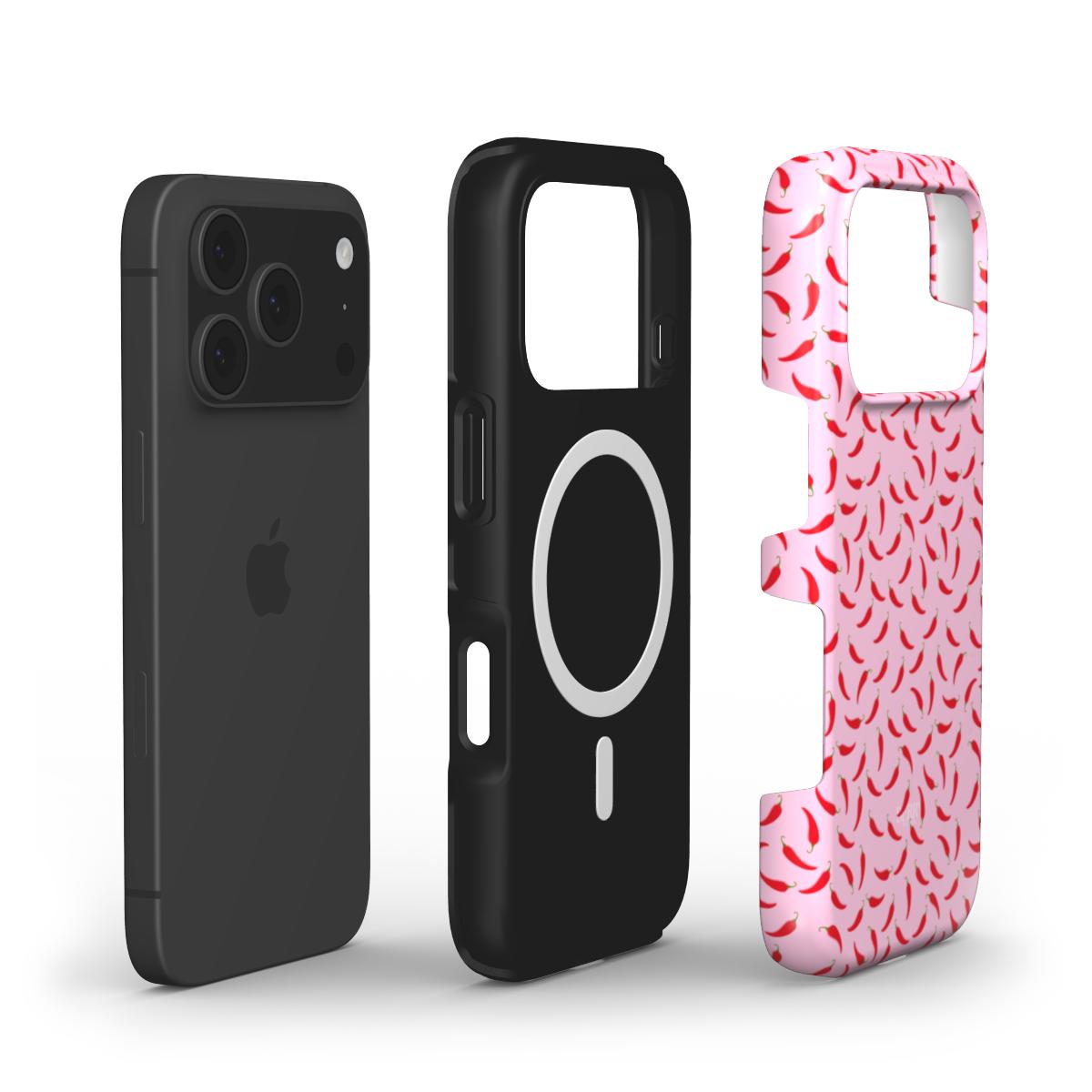 Trendy pink phone case with colorful chili pepper pattern, designed for a feminine and playful look with MagSafe compatibility and protective features.