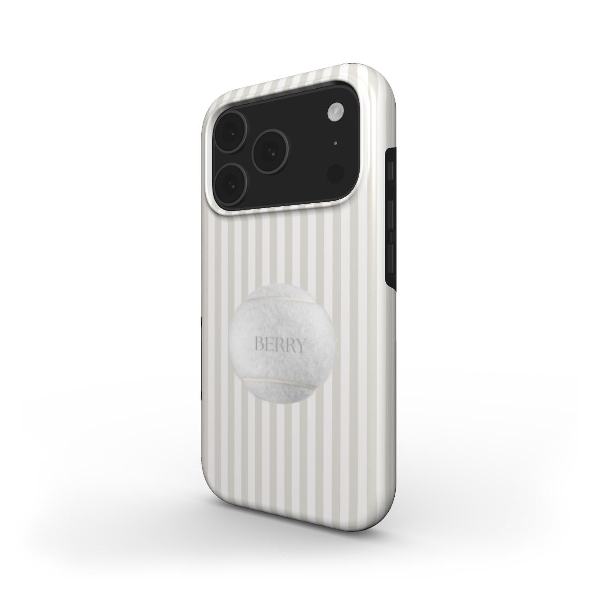 Trendy phone case with vertical beige and white stripes featuring a textured tennis ball design, perfect for a stylish and feminine look.