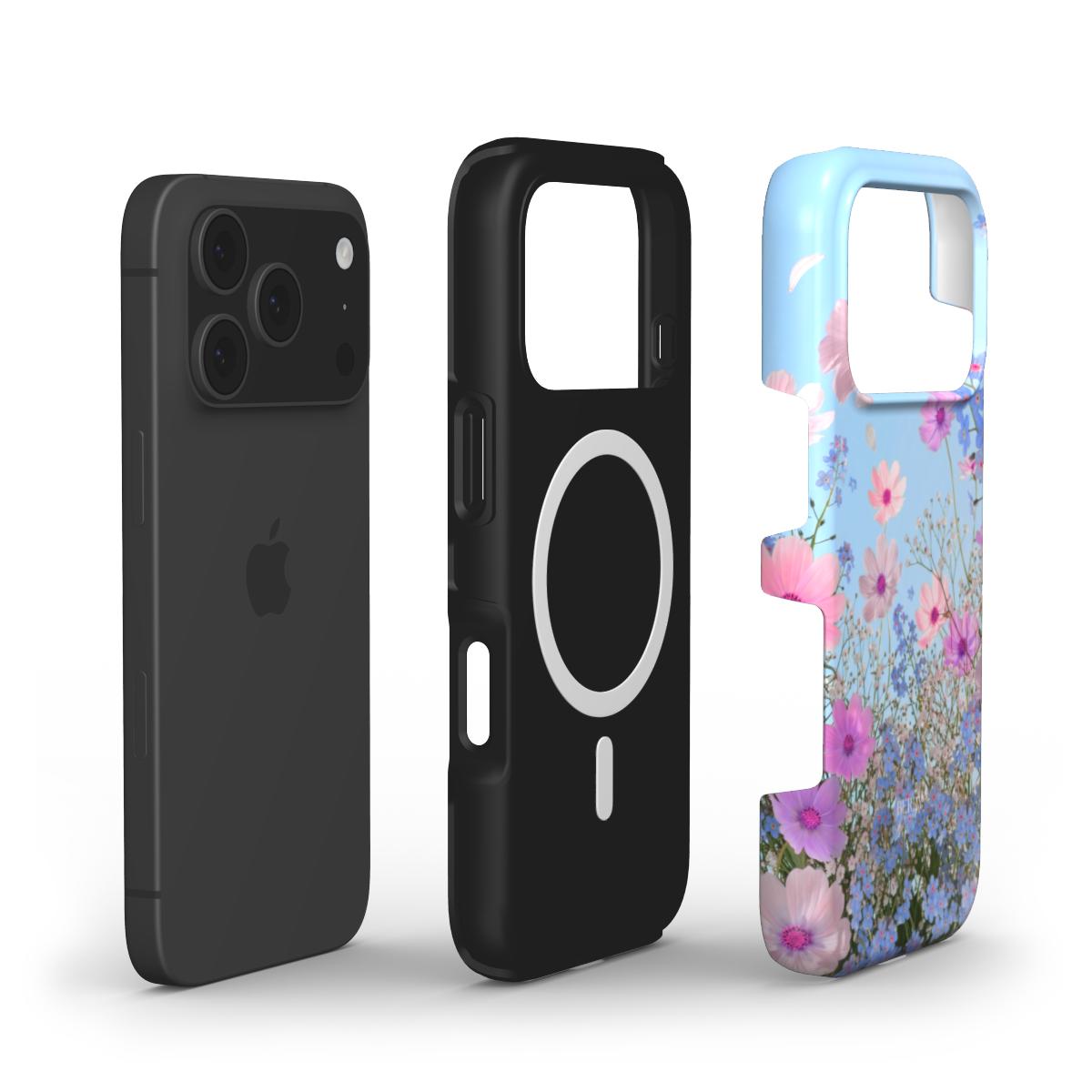 Trendy phone case with a feminine, colorful floral pattern in pink, red, blue, and purple shades, designed for a stylish and popular look.