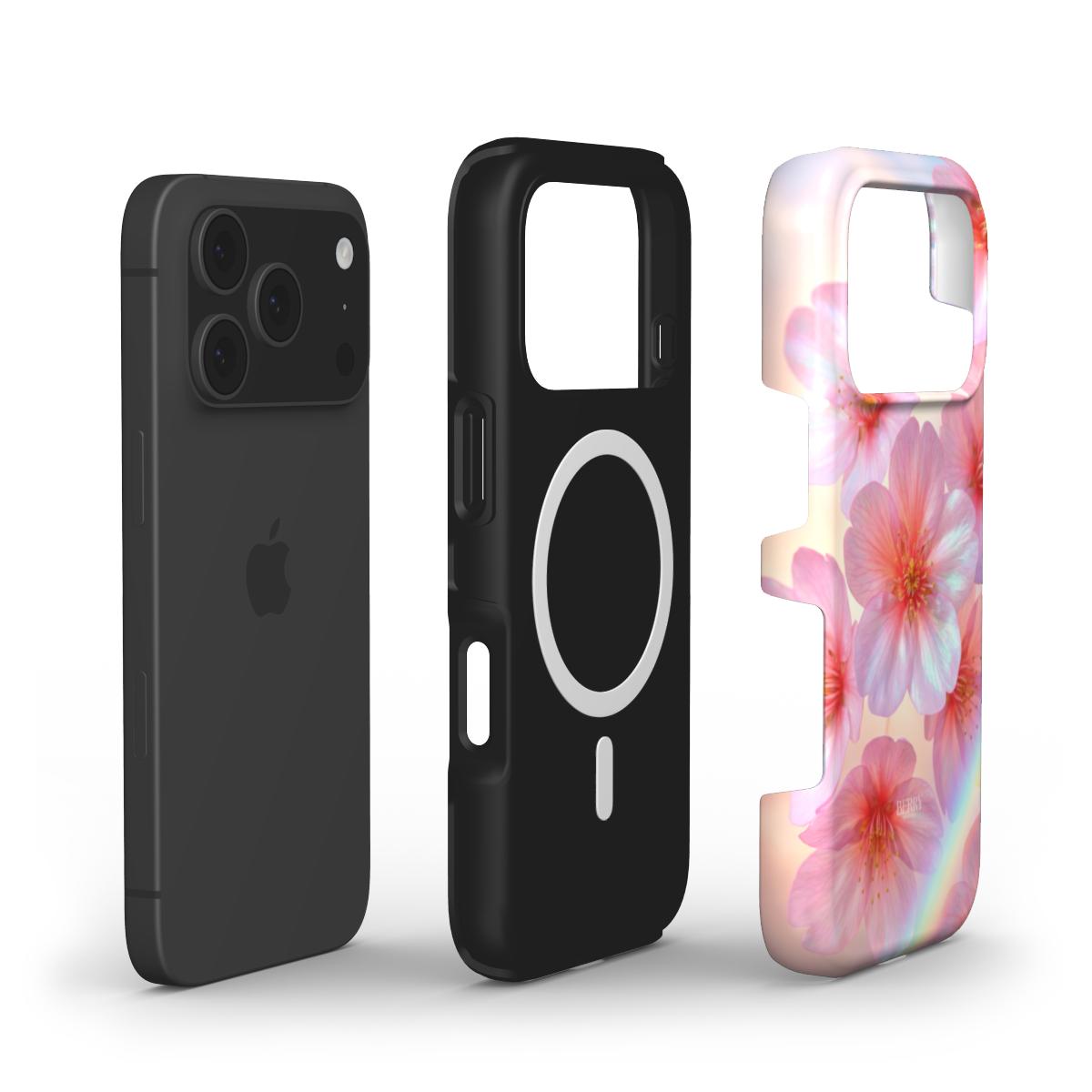 Trendy phone case with colorful pink, red, blue, and purple floral pattern blending feminine and girly aesthetic for a stylish and beautiful look.