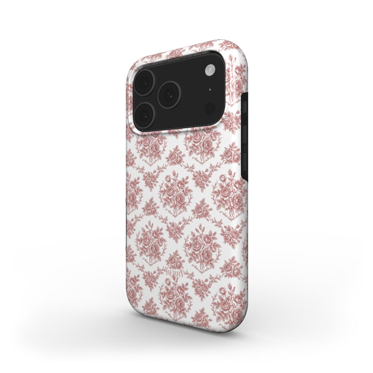 Trendy phone case with a feminine white and multicolor pattern featuring elegant red floral designs for a beautiful, girly, and popular look.
