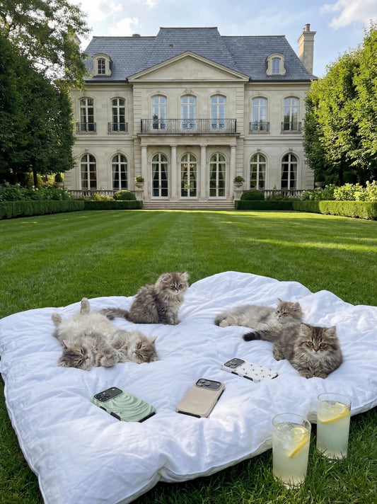 Five fluffy cats relax on a white blanket with green and multicolored stylish phone cases and refreshing lemon drinks on a lush lawn in front of a grand home.