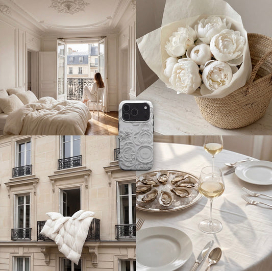 Trendy phone case with a flerfarvet white and beige stucco pattern displayed with soft feminine lifestyle scenes and elegant Parisian-inspired details.