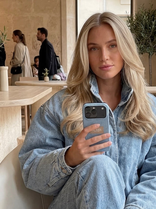 Blonde woman in a trendy oversized denim jacket holding a phone with a stylish blue Berry Denmark case, exuding a feminine and popular vibe.