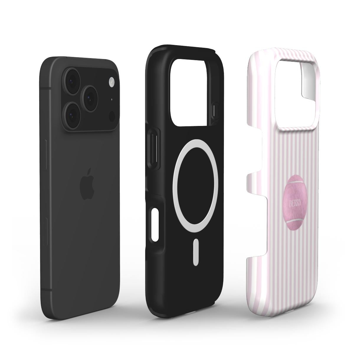 Stylish trendy phone cases in black and white-pink stripes, featuring a feminine girly design with a popular aesthetic for a beautiful look.