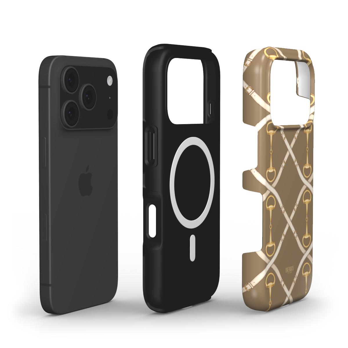 Trendy phone case with multicolored, gold, brown, and beige patterns featuring a stylish golden buckle design for a feminine and beautiful look.