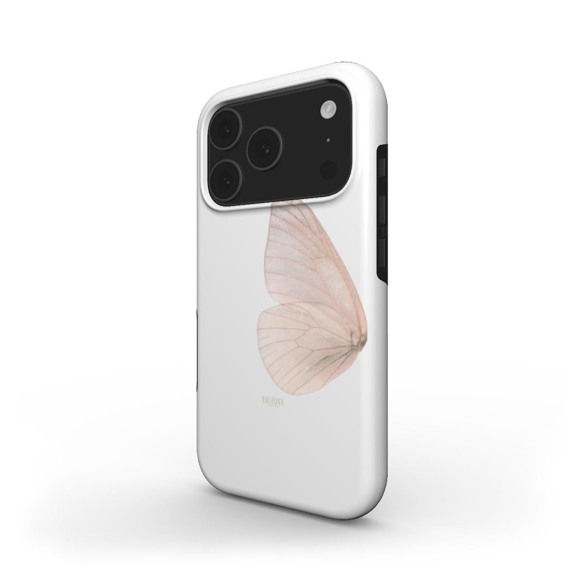 White phone case with a delicate rosegold butterfly wing design, featuring a trendy and feminine multicolor pattern with gold and yellow accents.
