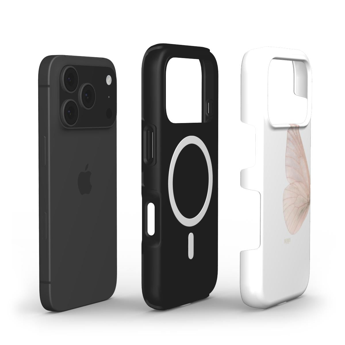 Black MagSafe phone holder and white phone case with a delicate pink butterfly design, showcasing a trendy and feminine aesthetic.