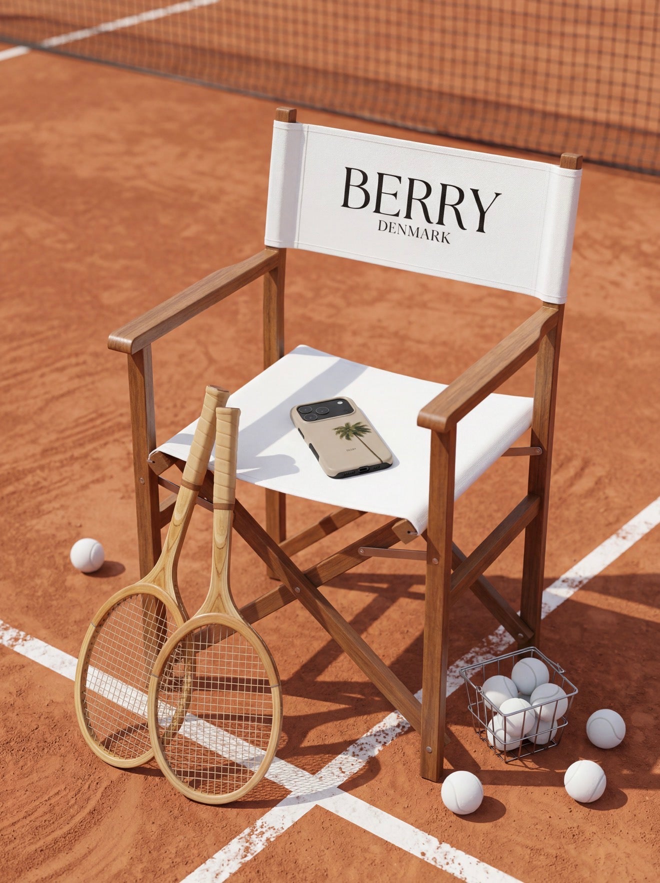 Trendy phone case with palm tree design on a stylish chair at a tennis court, featuring beige, green, multicolor, and brown tones for a feminine, aesthetic look.