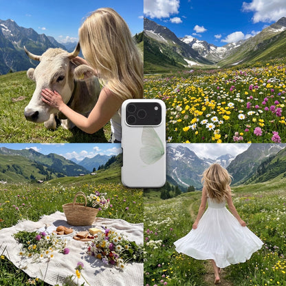 Trendy feminine phone case with delicate green butterfly design, set against scenic alpine meadows filled with vibrant wildflowers and a graceful girl in flowing white dress.