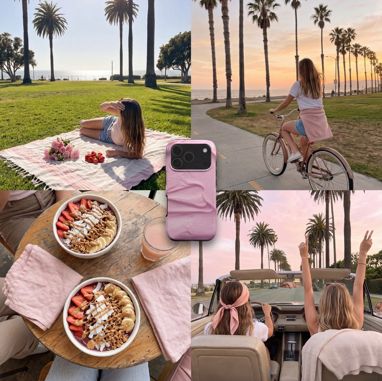 Trendy pink phone case with a colorful pattern, styled in sunny outdoor scenes featuring a picnic, biking, and a scenic drive with palm trees at sunset.