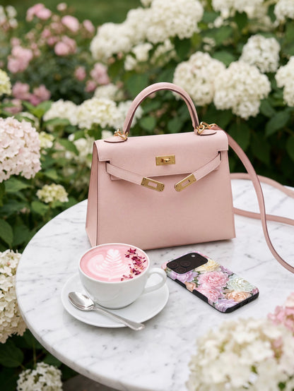 Berry Denmark Pastel Spring pastel floral rose iPhone case pink handbag coffee and flowers picnic scene