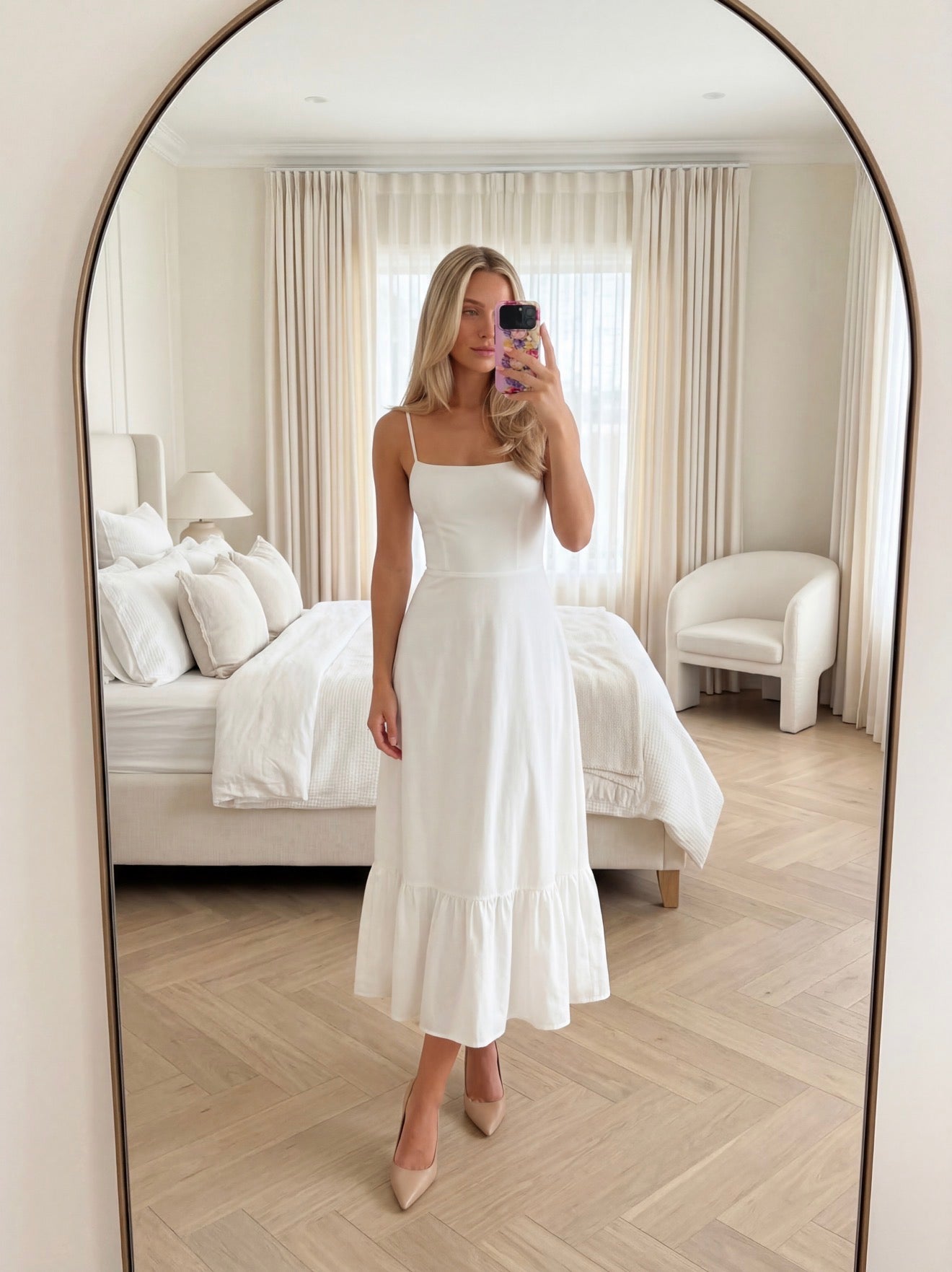 Berry Denmark Bright Dreams colorful floral iPhone case woman in white dress standing in elegant mirror room